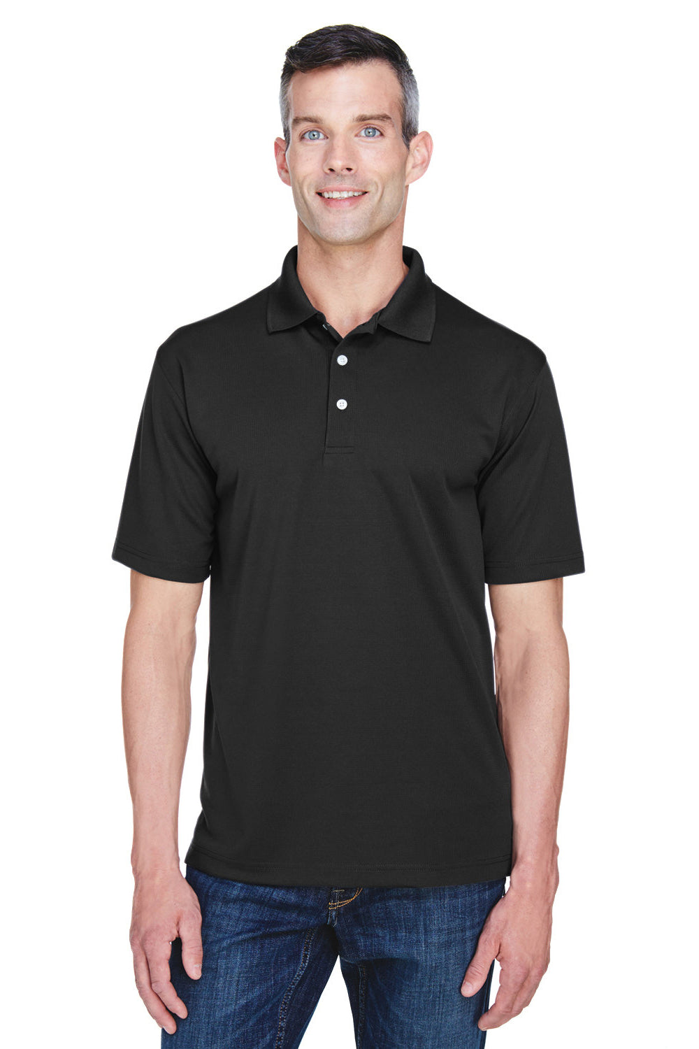 UltraClub 8445 Mens Cool & Dry Performance Moisture Wicking Short Sleeve Polo Shirt Black Model Front