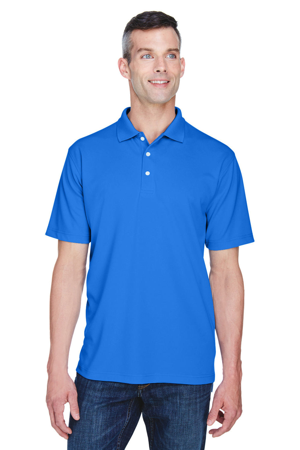 UltraClub 8445 Mens Cool & Dry Performance Moisture Wicking Short Sleeve Polo Shirt Royal Blue Model Front