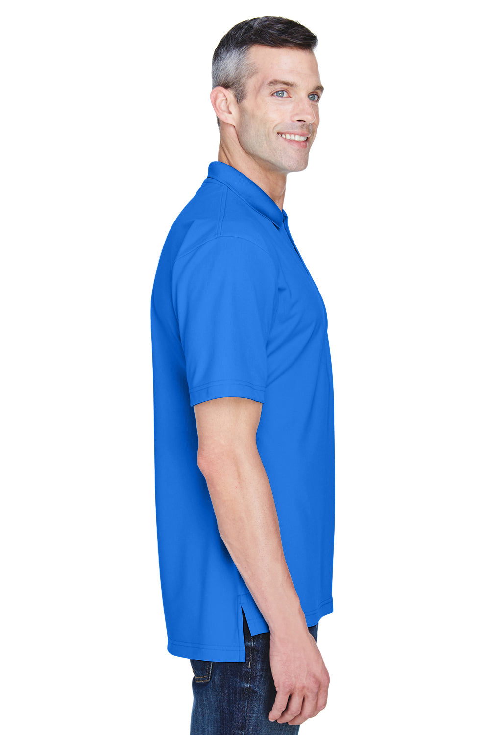 UltraClub 8445 Mens Cool & Dry Performance Moisture Wicking Short Sleeve Polo Shirt Royal Blue Model Side