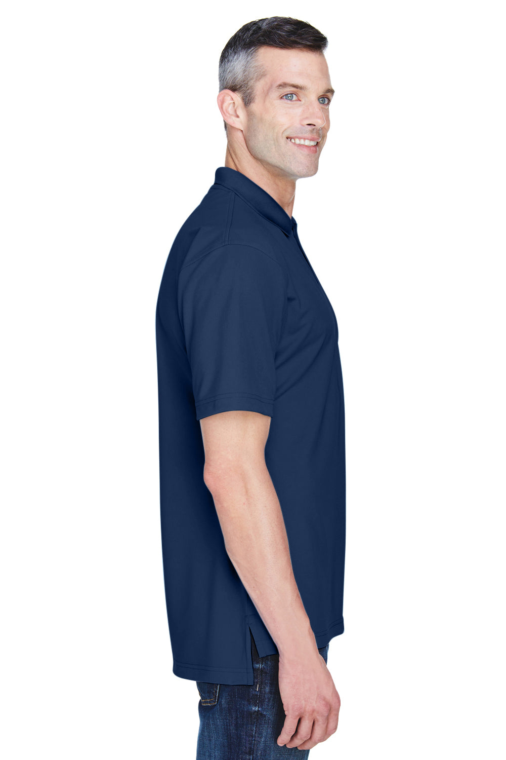 UltraClub 8445 Mens Cool & Dry Performance Moisture Wicking Short Sleeve Polo Shirt Navy Blue Model Side