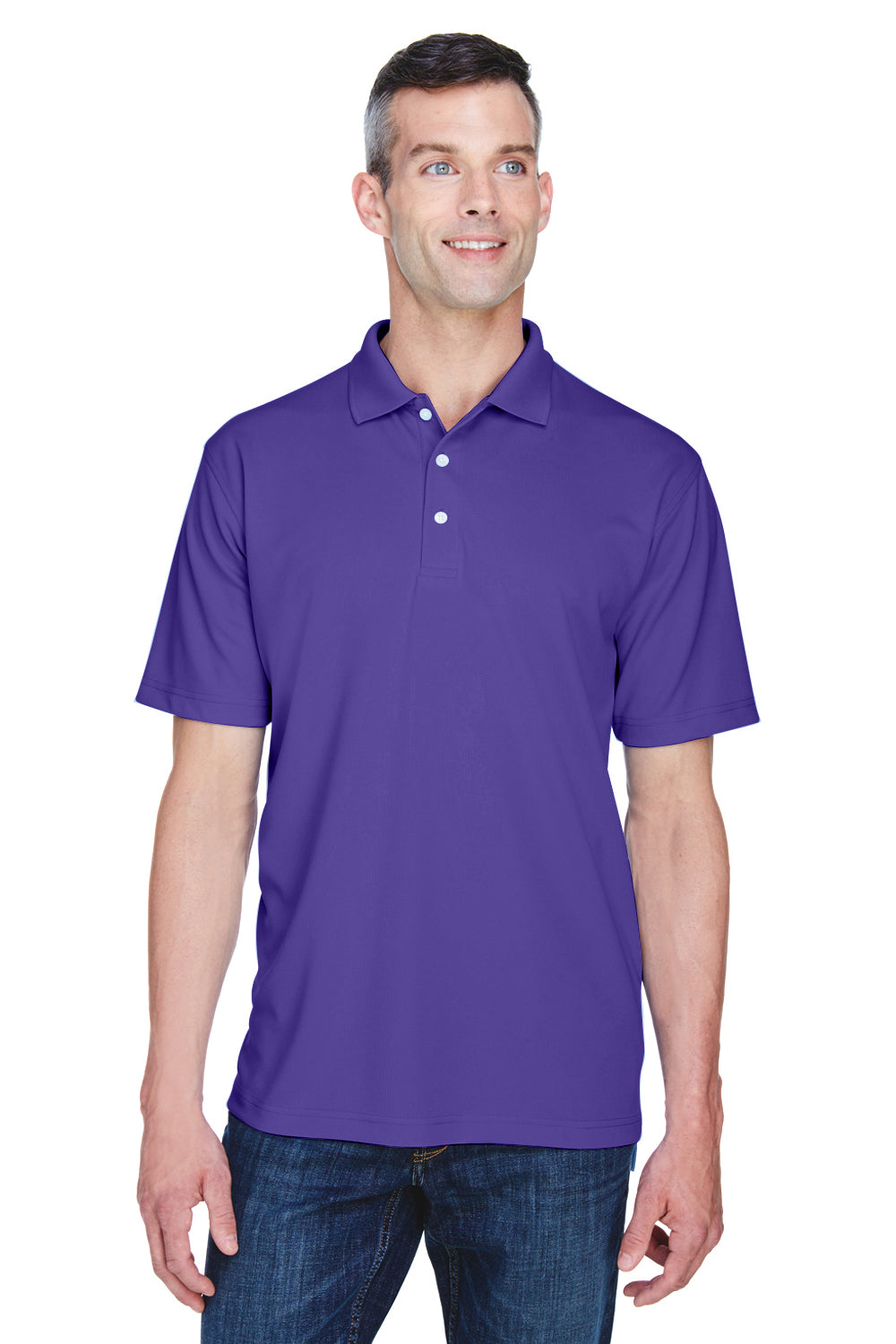 UltraClub 8445 Mens Cool & Dry Performance Moisture Wicking Short Sleeve Polo Shirt Purple Model Front