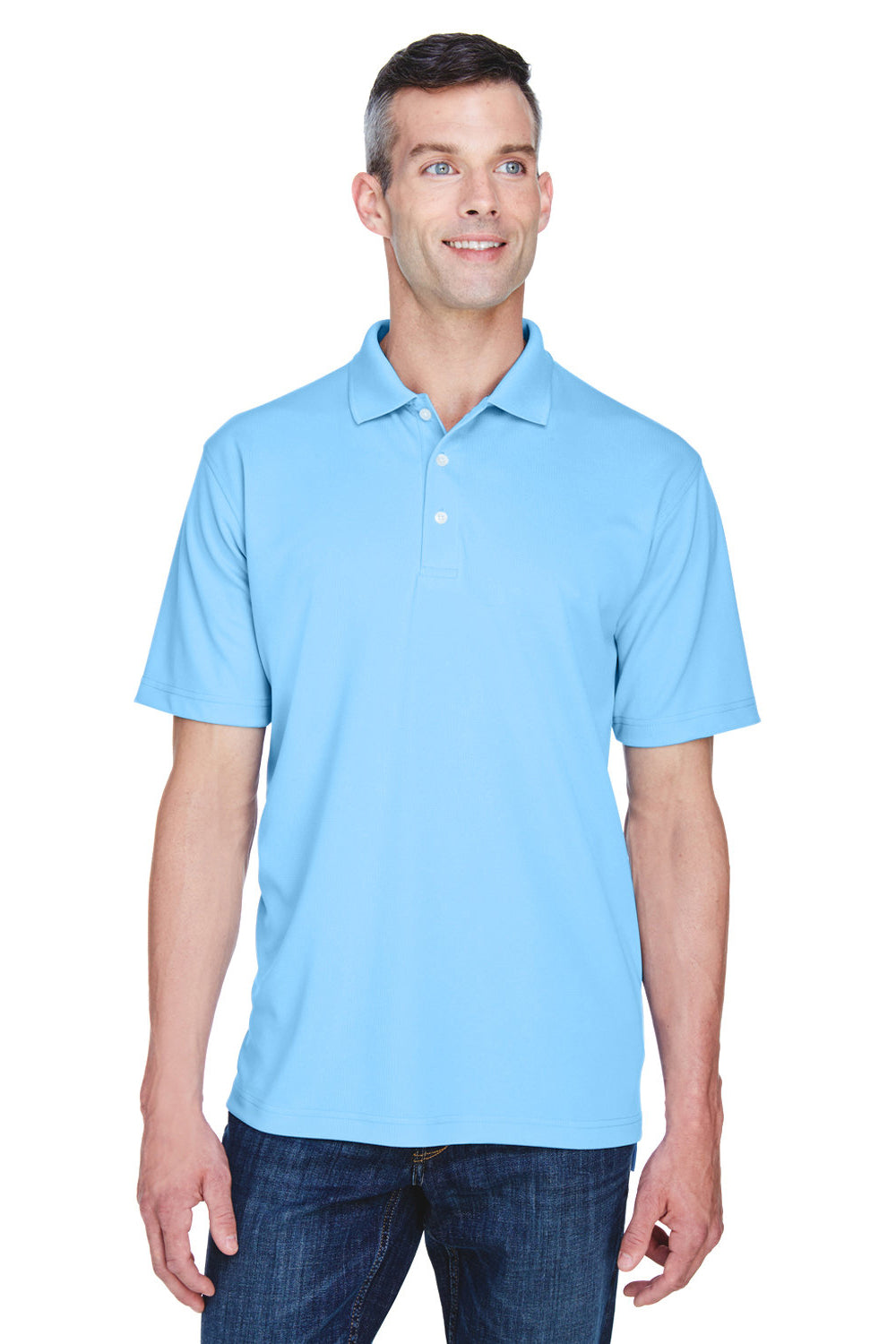 UltraClub 8445 Mens Cool & Dry Performance Moisture Wicking Short Sleeve Polo Shirt Columbia Blue Model Front