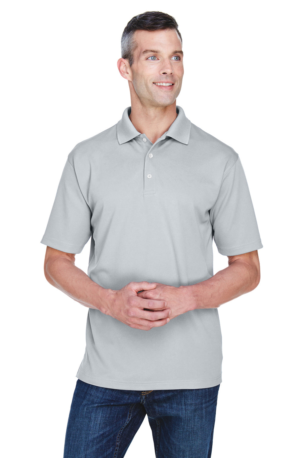 UltraClub 8445 Mens Cool & Dry Performance Moisture Wicking Short Sleeve Polo Shirt Silver Grey Model Front