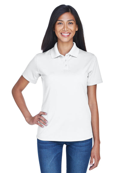 UltraClub 8445L Womens Cool & Dry Performance Moisture Wicking Short Sleeve Polo Shirt White Model Front