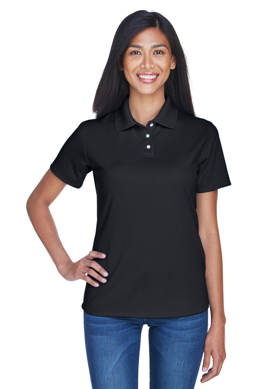 UltraClub 8445L Womens Cool & Dry Performance Moisture Wicking Short Sleeve Polo Shirt Black Model Front