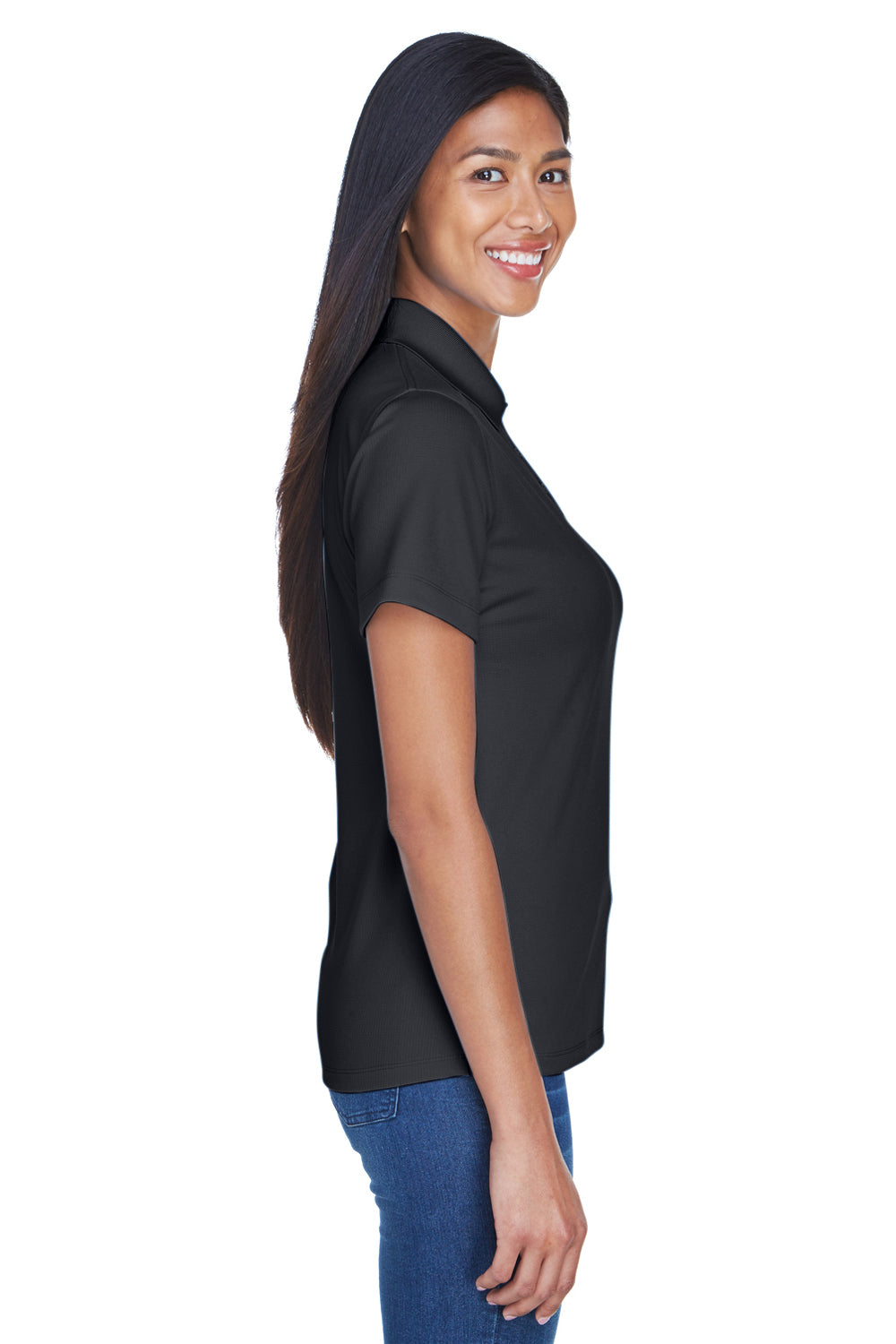 UltraClub 8445L Womens Cool & Dry Performance Moisture Wicking Short Sleeve Polo Shirt Black Model Side