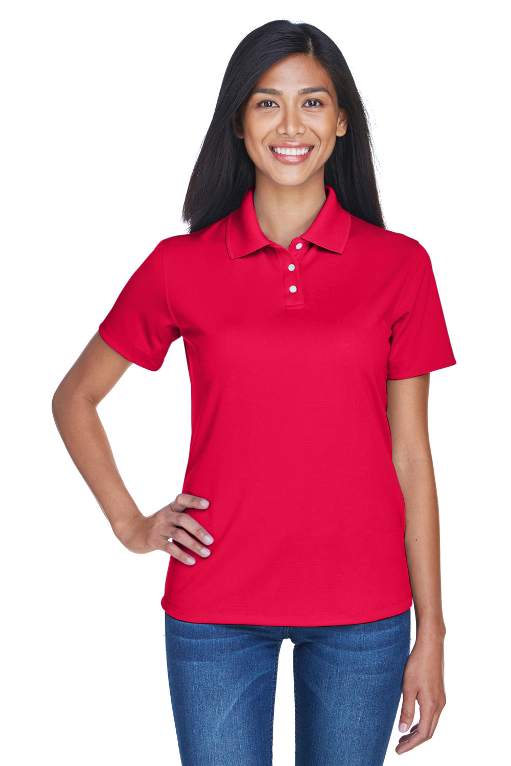 UltraClub 8445L Womens Cool & Dry Performance Moisture Wicking Short Sleeve Polo Shirt Red Model Front