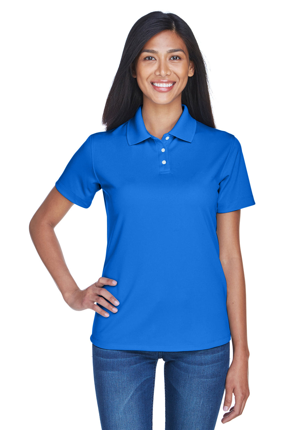 UltraClub 8445L Womens Cool & Dry Performance Moisture Wicking Short Sleeve Polo Shirt Royal Blue Model Front