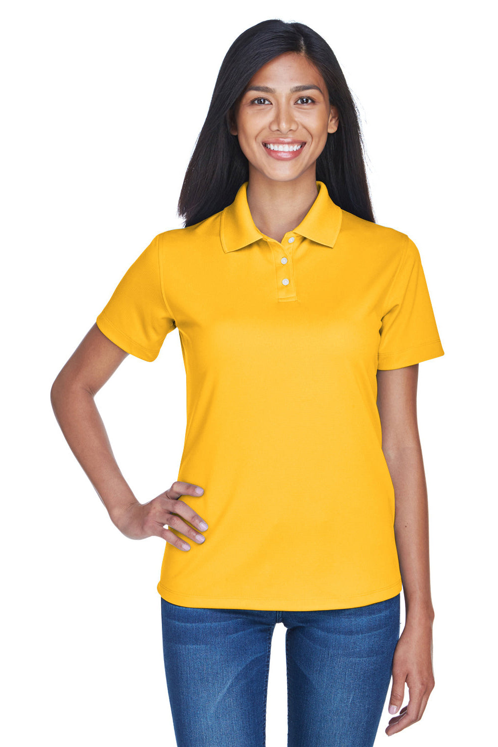 UltraClub 8445L Womens Cool & Dry Performance Moisture Wicking Short Sleeve Polo Shirt Gold Model Front