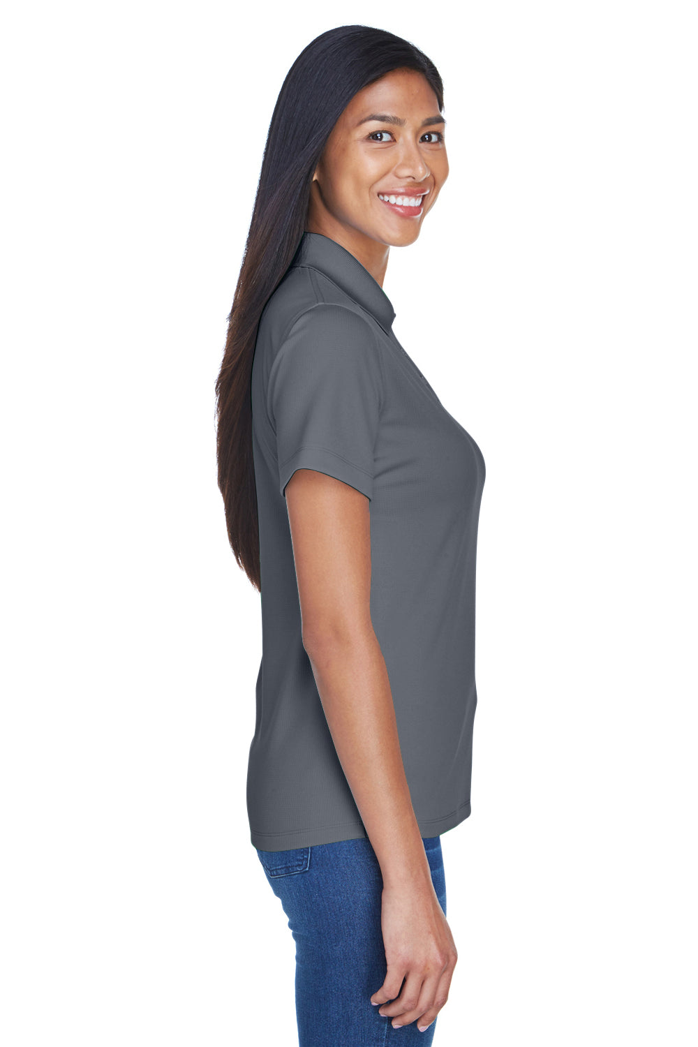 UltraClub 8445L Womens Cool & Dry Performance Moisture Wicking Short Sleeve Polo Shirt Charcoal Grey Model Side