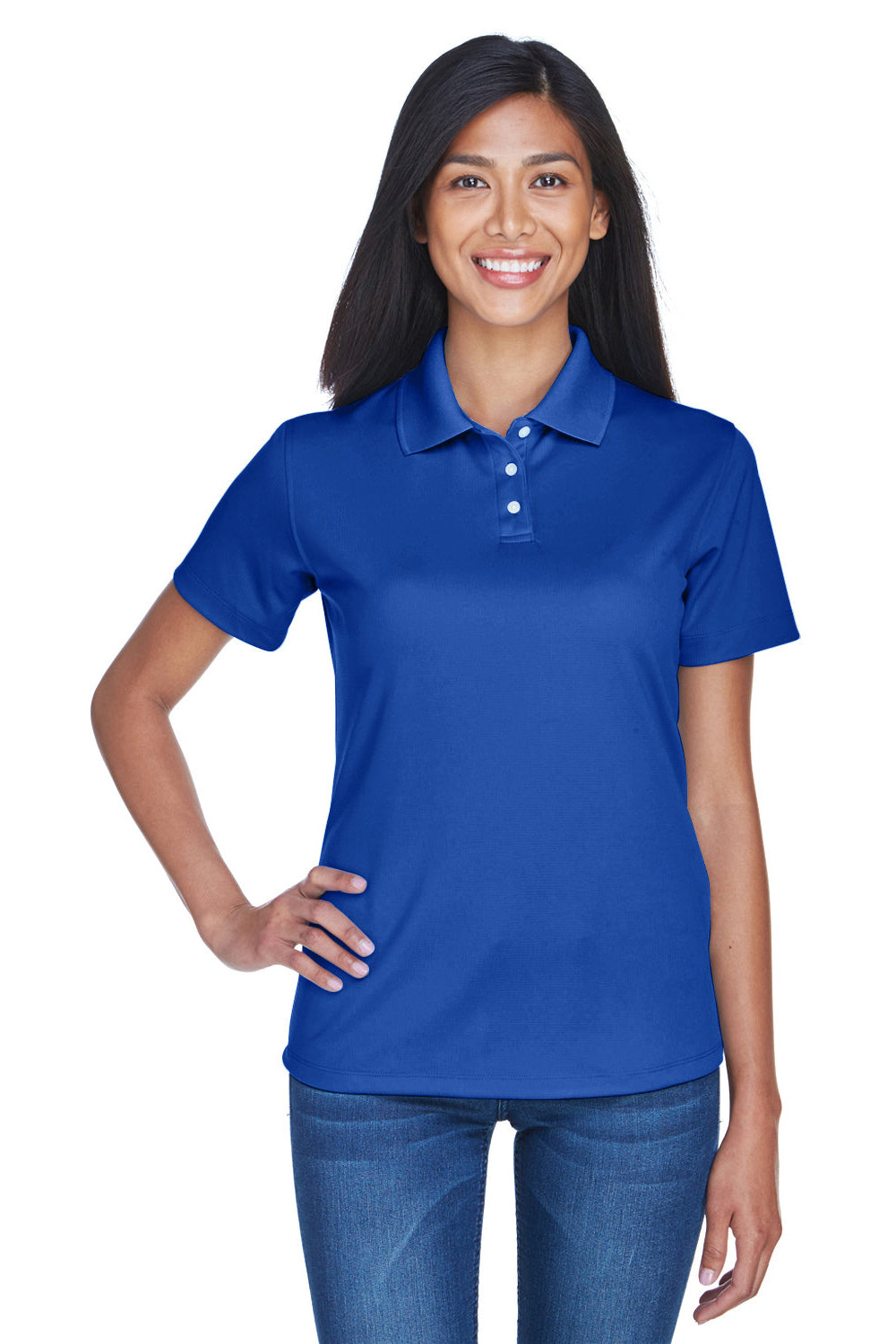 UltraClub 8445L Womens Cool & Dry Performance Moisture Wicking Short Sleeve Polo Shirt Cobalt Blue Model Front