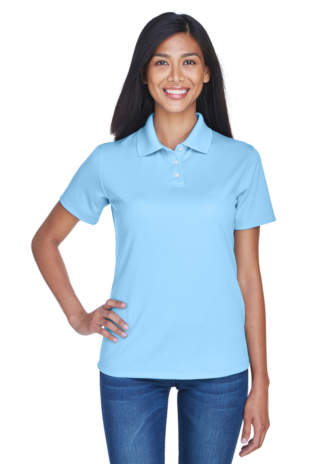 UltraClub 8445L Womens Cool & Dry Performance Moisture Wicking Short Sleeve Polo Shirt Columbia Blue Model Front