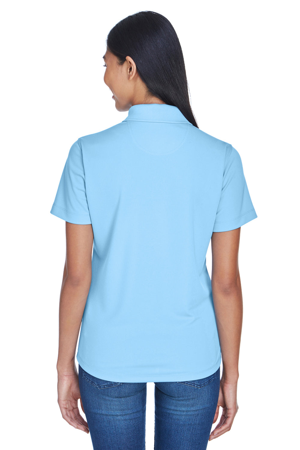 UltraClub 8445L Womens Cool & Dry Performance Moisture Wicking Short Sleeve Polo Shirt Columbia Blue Model Back