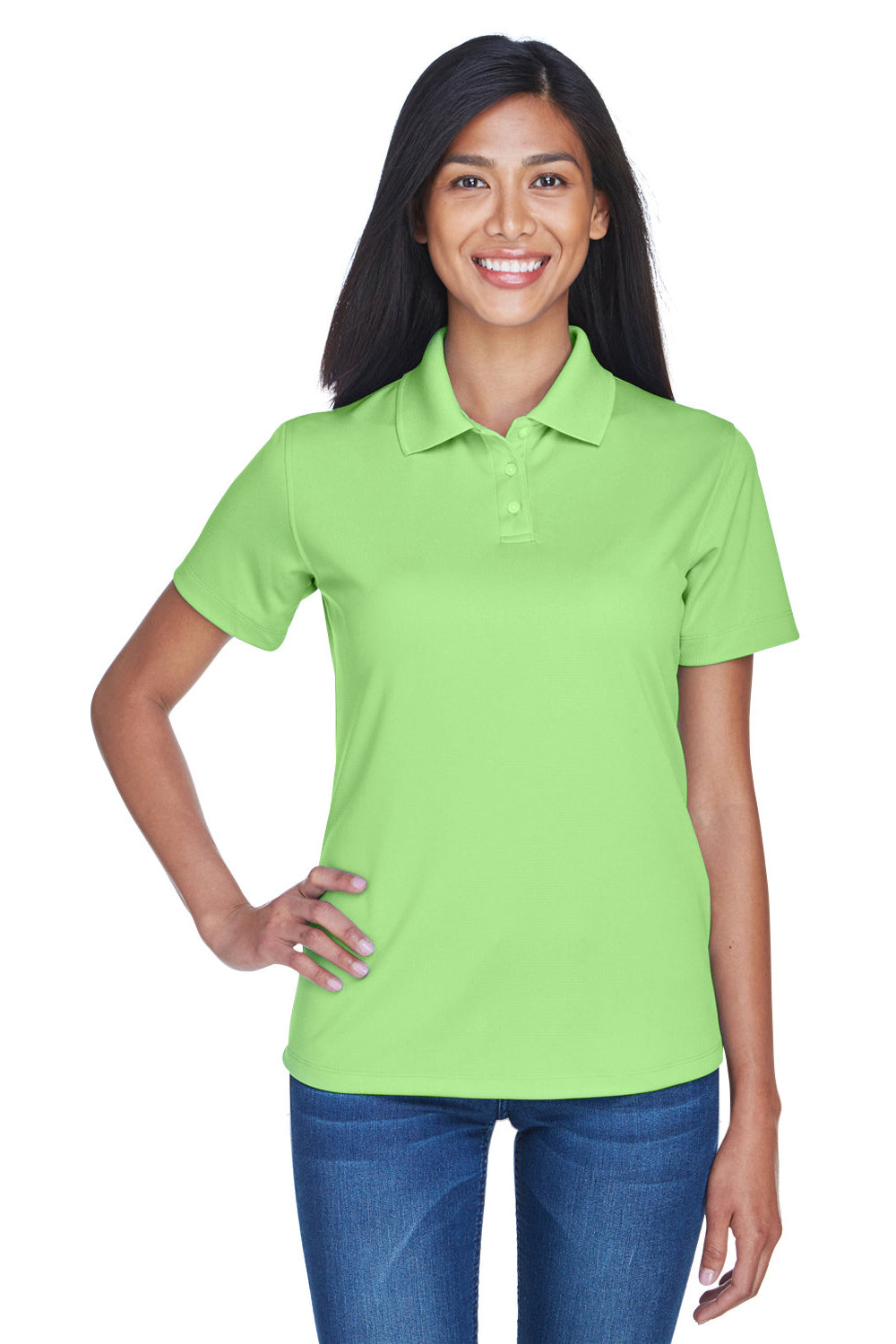 UltraClub 8445L Womens Cool & Dry Performance Moisture Wicking Short Sleeve Polo Shirt Light Green Model Front