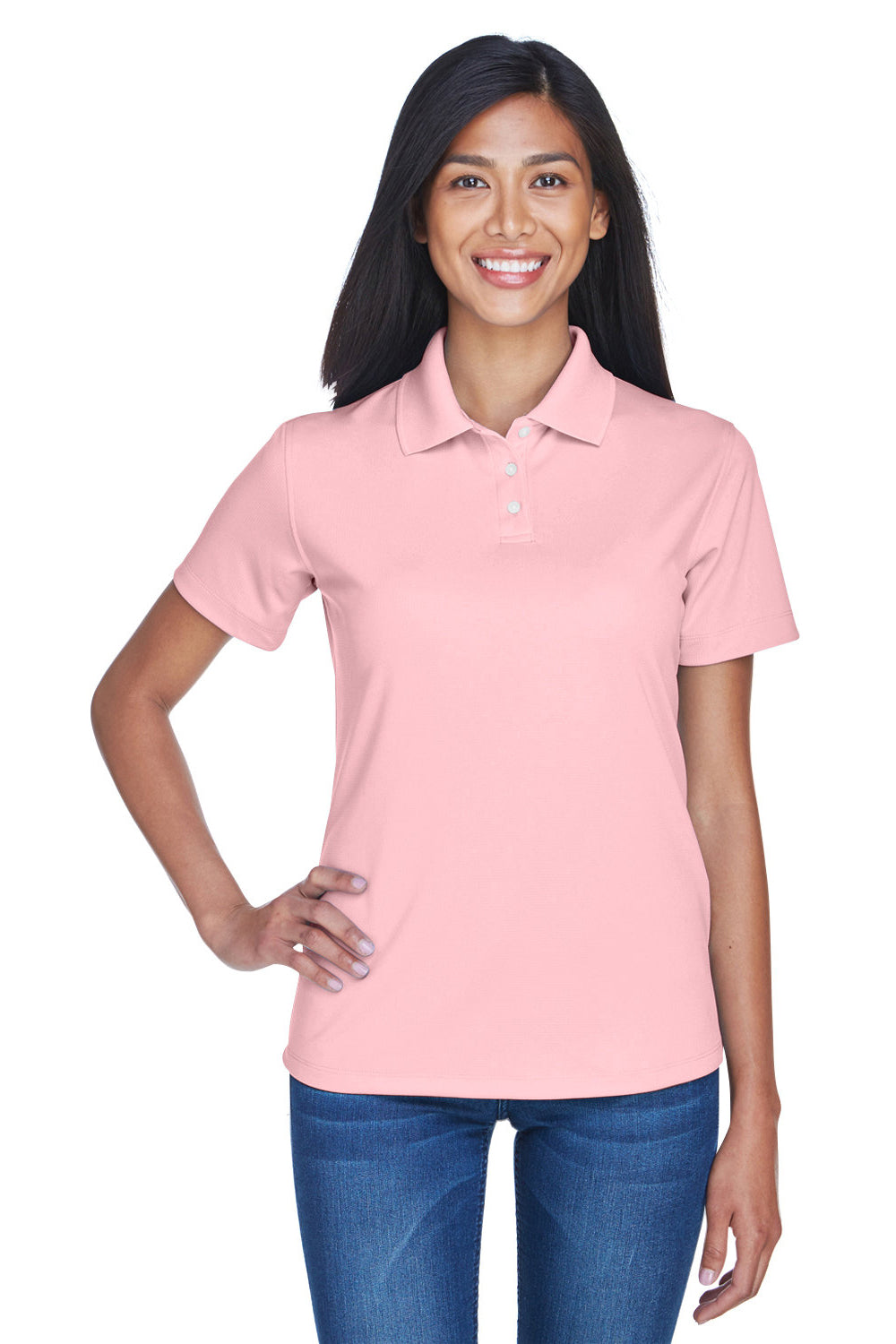 UltraClub 8445L Womens Cool & Dry Performance Moisture Wicking Short Sleeve Polo Shirt Pink Model Front