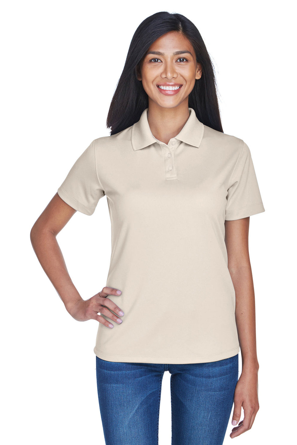 UltraClub 8445L Womens Cool & Dry Performance Moisture Wicking Short Sleeve Polo Shirt Stone Model Front