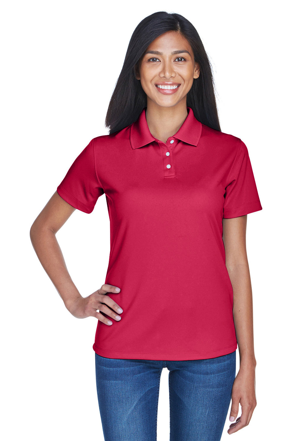 UltraClub 8445L Womens Cool & Dry Performance Moisture Wicking Short Sleeve Polo Shirt Cardinal Red Model Front