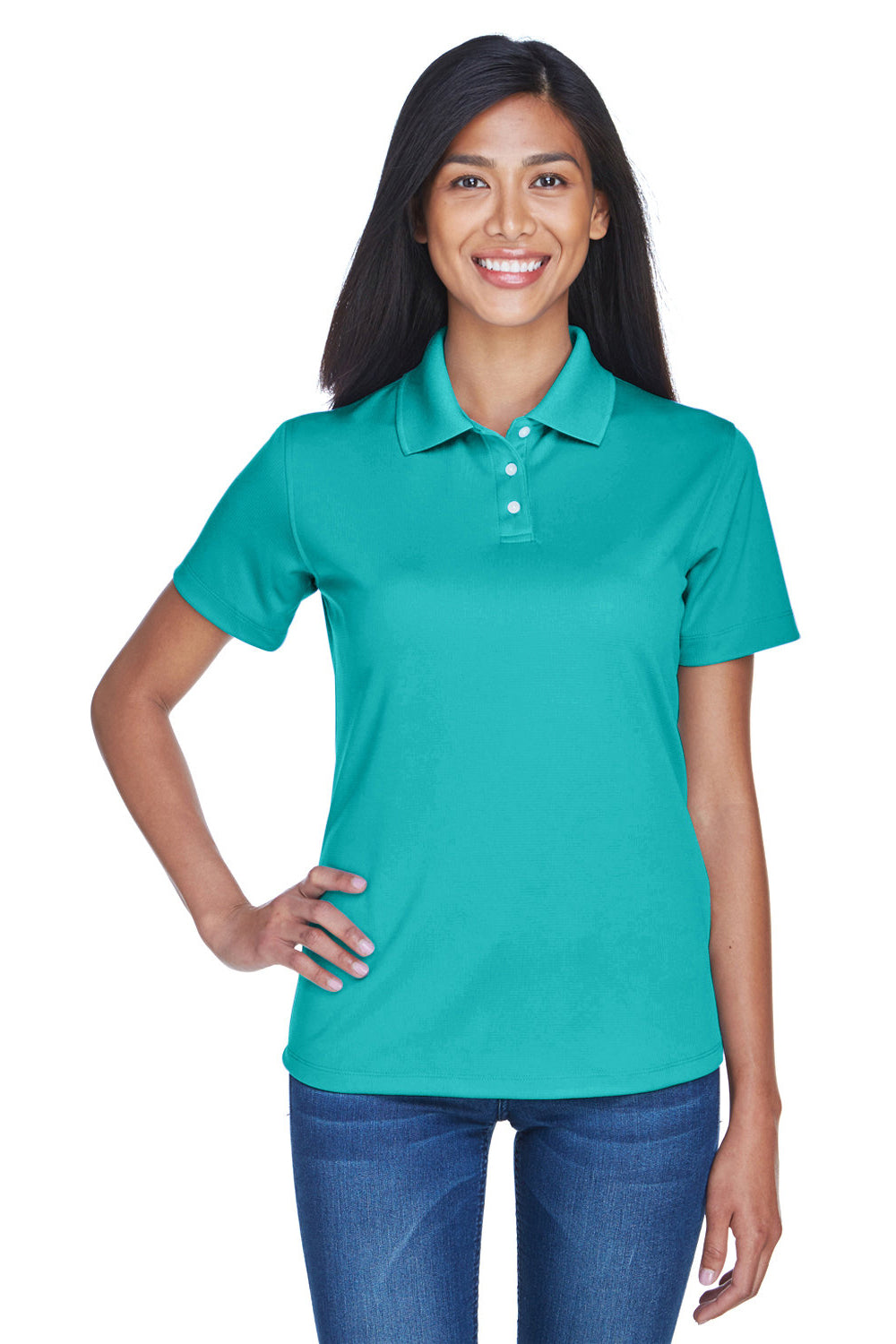 UltraClub 8445L Womens Cool & Dry Performance Moisture Wicking Short Sleeve Polo Shirt Jade Green Model Front