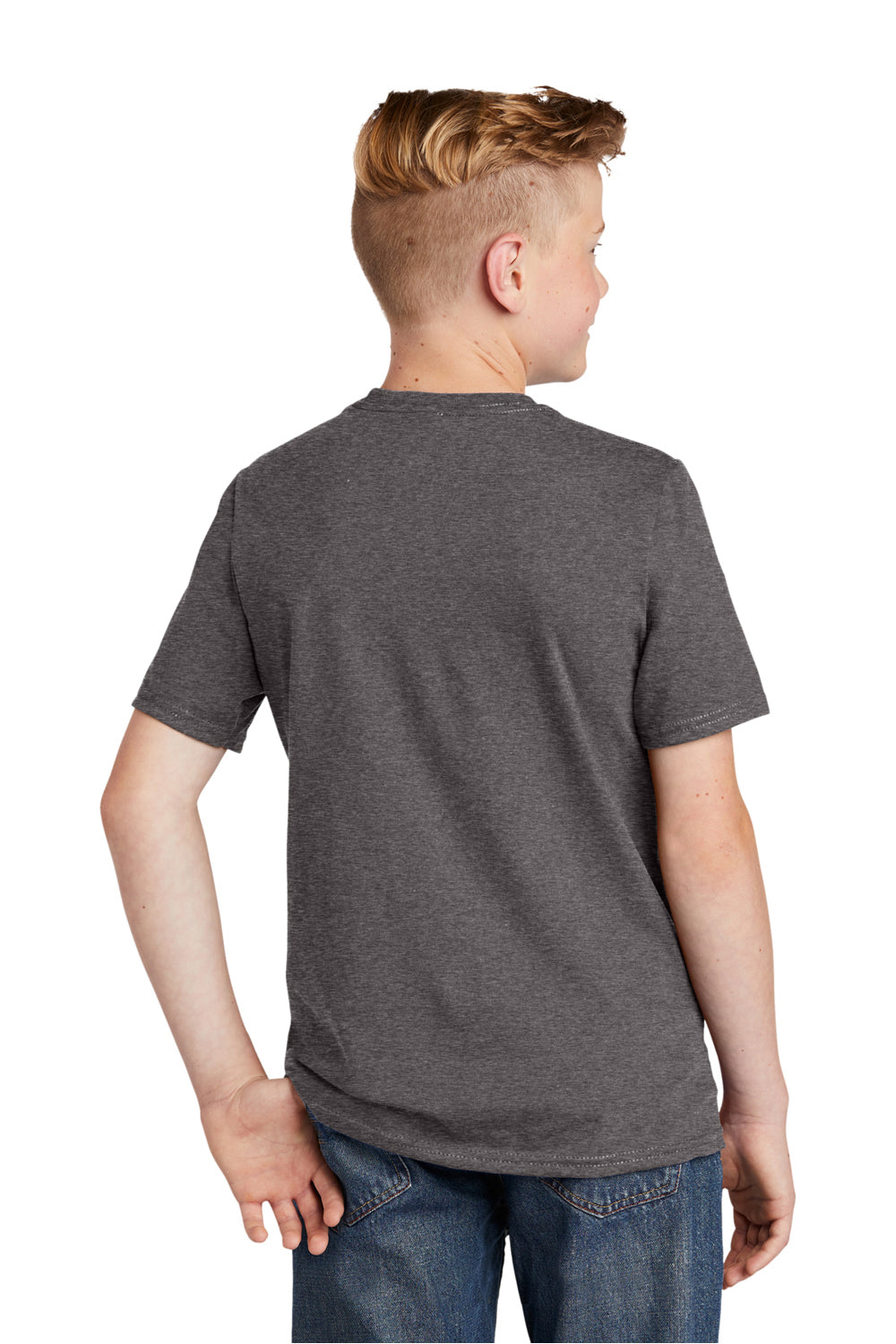 District DT6000Y Youth Very Important Short Sleeve Crewneck T-Shirt Heather Charcoal Grey Model Back