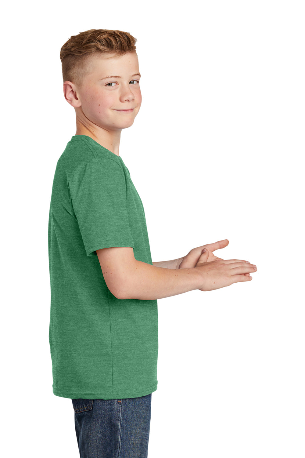 District DT6000Y Youth Very Important Short Sleeve Crewneck T-Shirt Heather Kelly Green Model Side