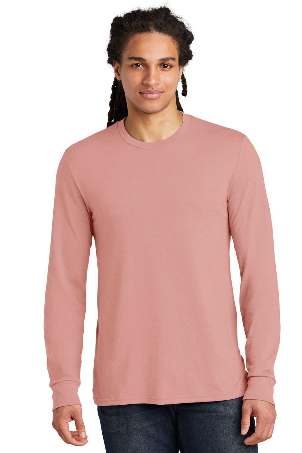 District DM132 Mens Perfect Tri Long Sleeve Crewneck T-Shirt Blush Pink Frost Model Front