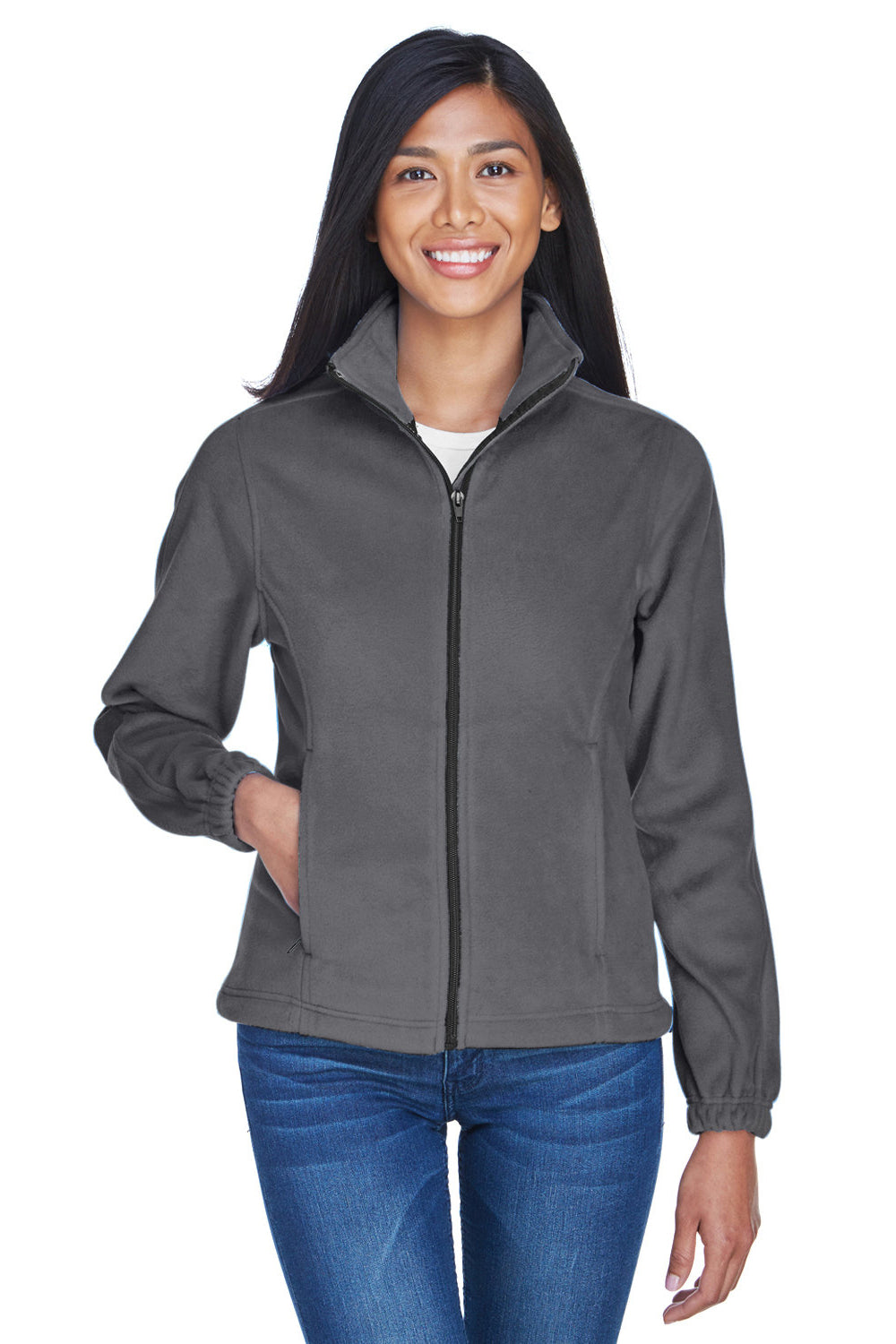 UltraClub 8481 Womens Iceberg Pill Resistant Fleece Full Zip Jacket Charcoal Grey Model Front