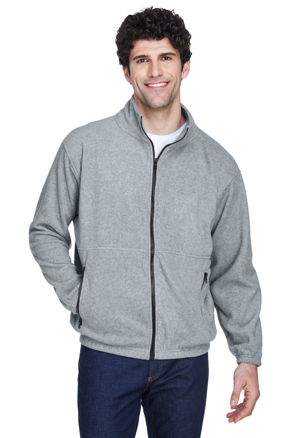 UltraClub 8485 Mens Iceberg Pill Resistant Fleece Full Zip Jacket Heather Grey Model Front