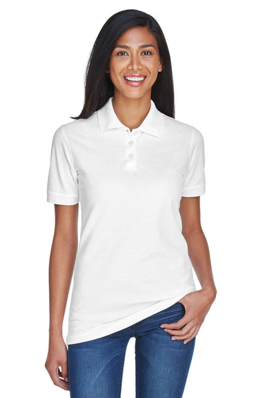 UltraClub 8530 Womens Classic Short Sleeve Polo Shirt White Model Front