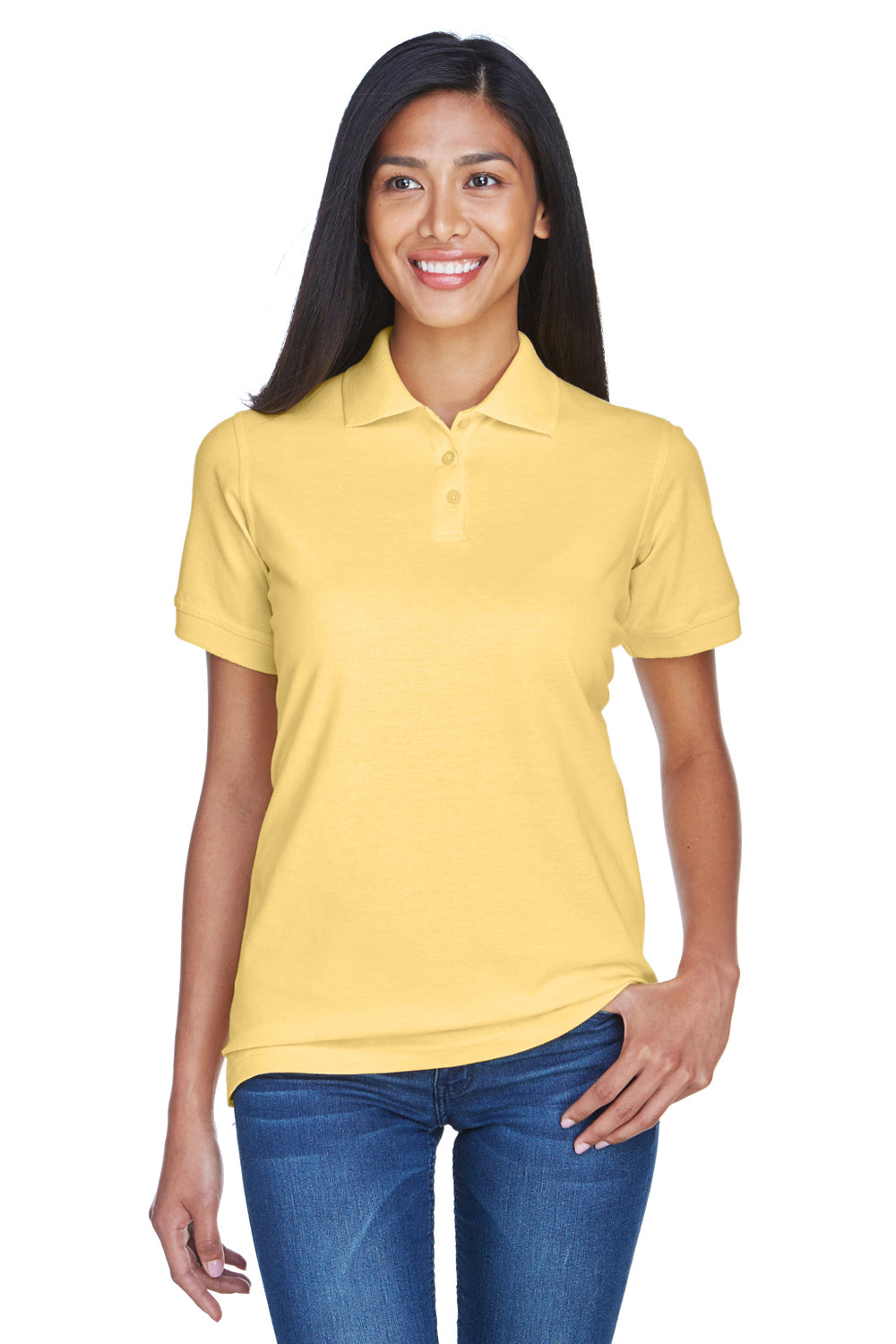 UltraClub 8530 Womens Classic Short Sleeve Polo Shirt Yellow Model Front