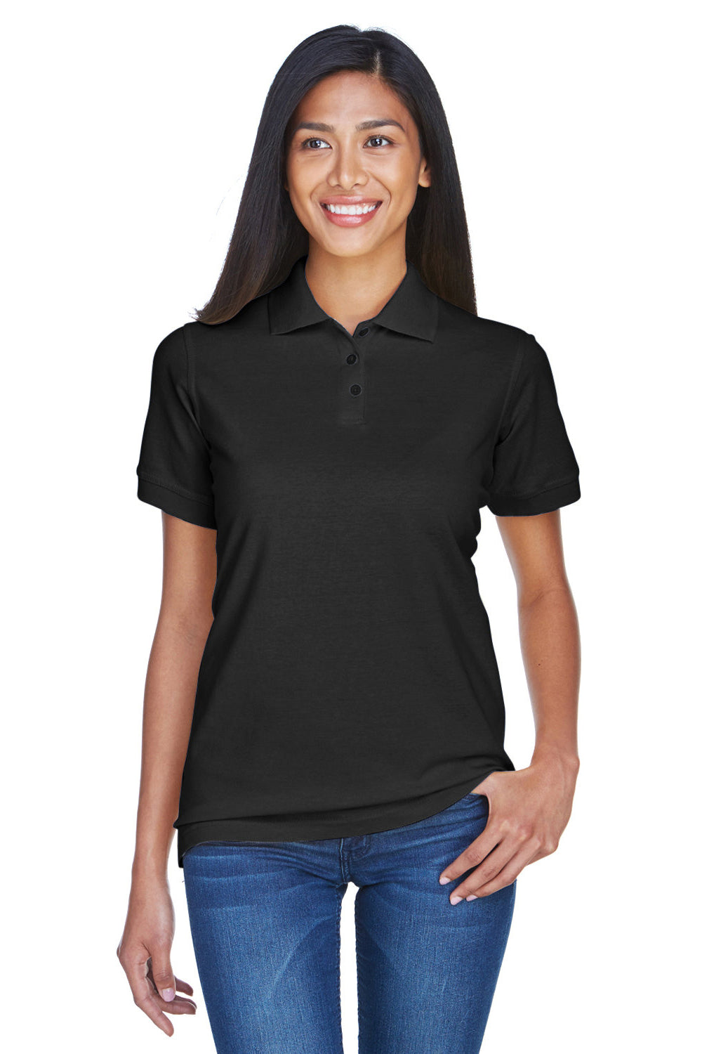 UltraClub 8530 Womens Classic Short Sleeve Polo Shirt Black Model Front