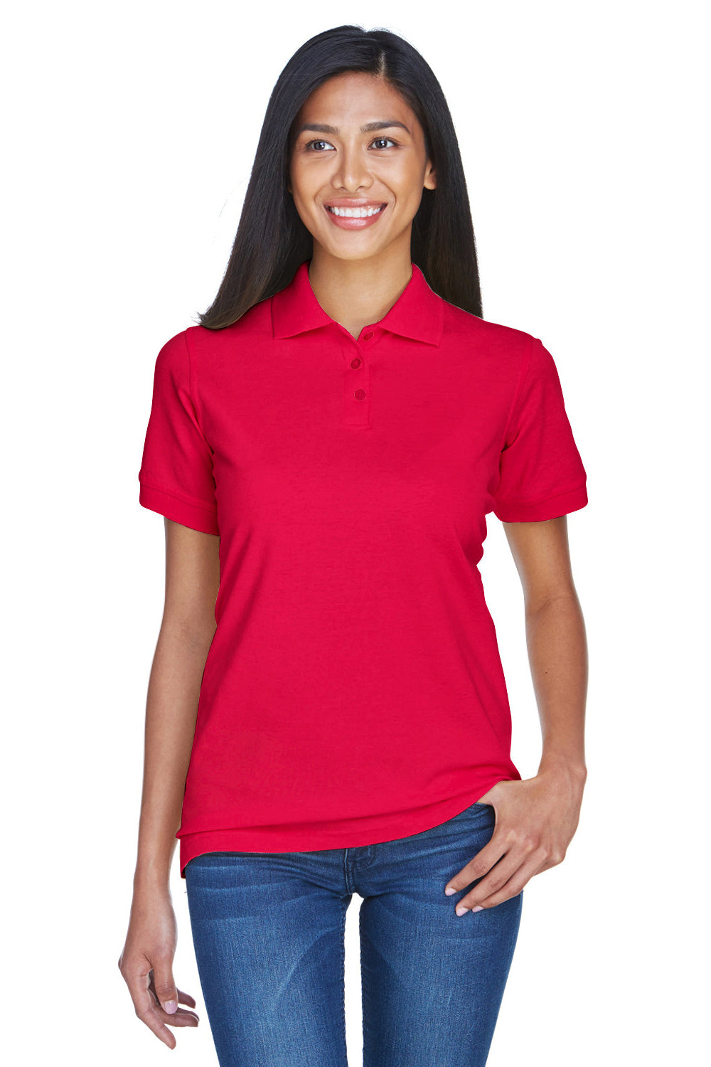 UltraClub 8530 Womens Classic Short Sleeve Polo Shirt Red Model Front