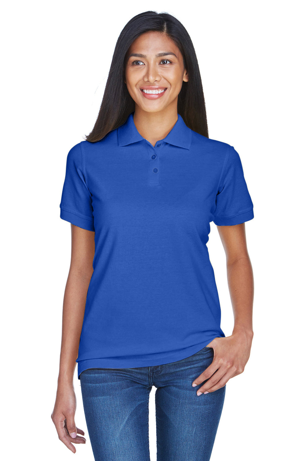 UltraClub 8530 Womens Classic Short Sleeve Polo Shirt Royal Blue Model Front