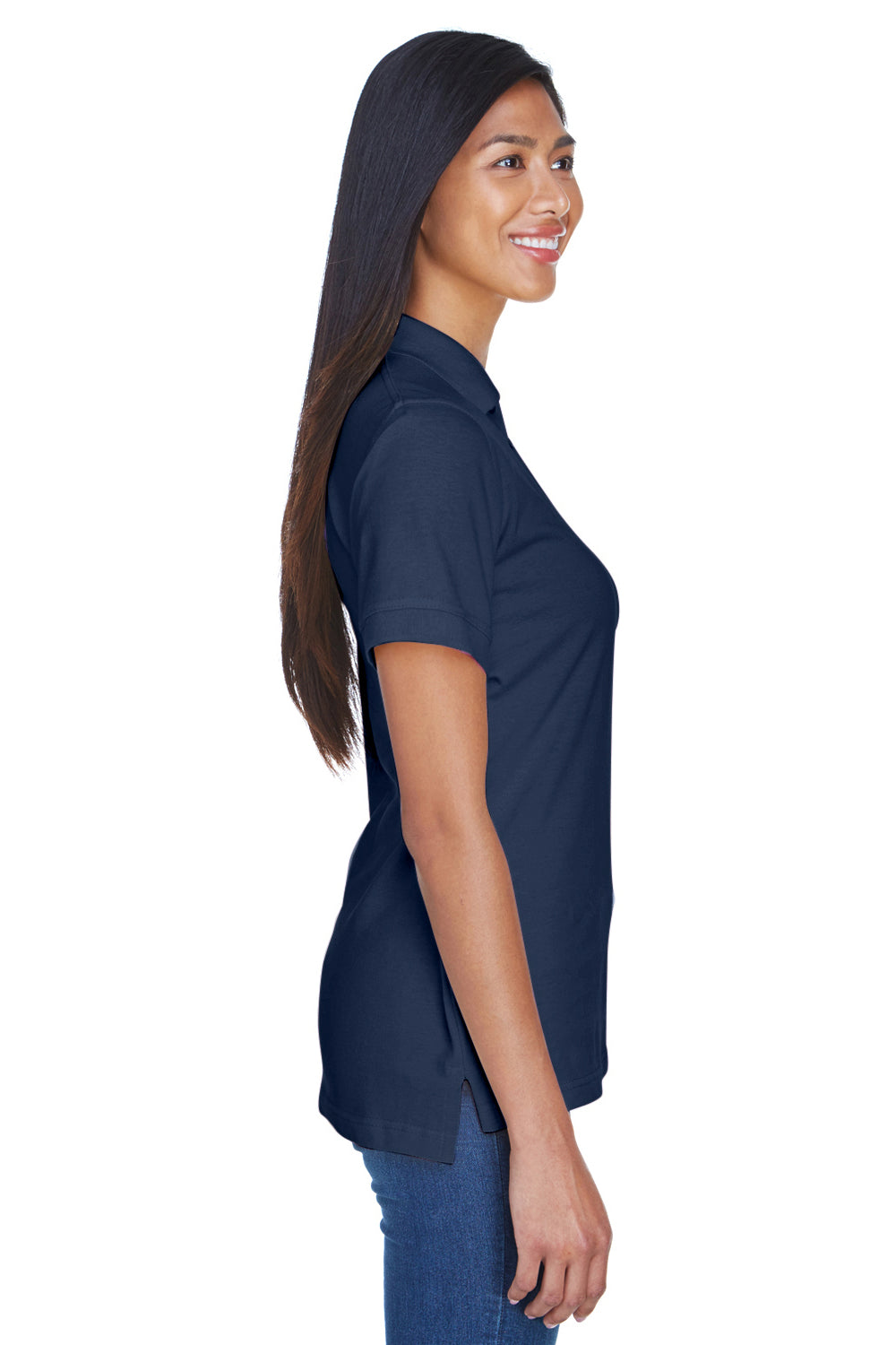 UltraClub 8530 Womens Classic Short Sleeve Polo Shirt Navy Blue Model Side