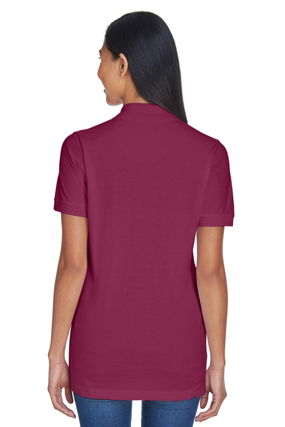 UltraClub 8530 Womens Classic Short Sleeve Polo Shirt Burgundy Model Back