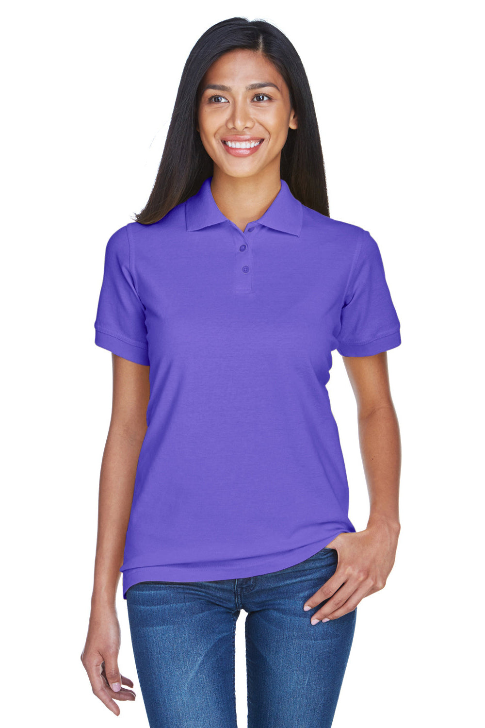 UltraClub 8530 Womens Classic Short Sleeve Polo Shirt Purple Model Front