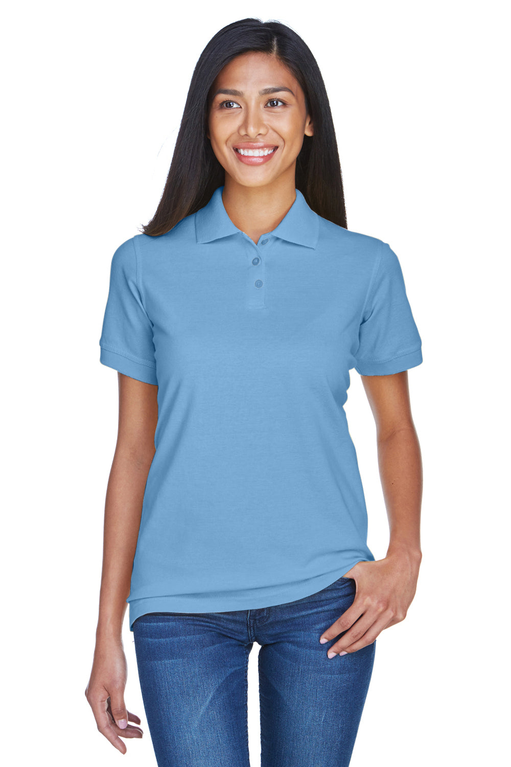 UltraClub 8530 Womens Classic Short Sleeve Polo Shirt Cornflower Blue Model Front