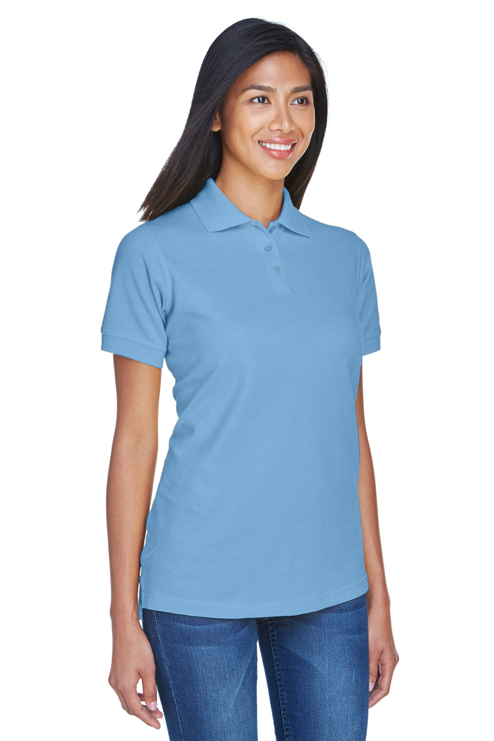 UltraClub 8530 Womens Classic Short Sleeve Polo Shirt Cornflower Blue Model 3q