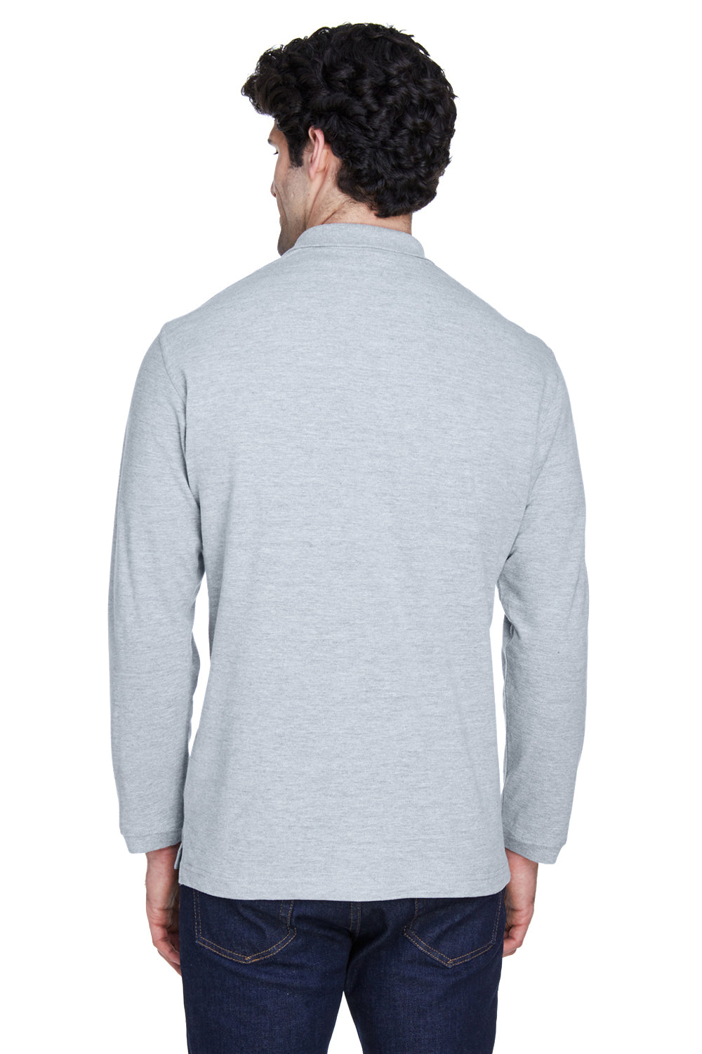 UltraClub 8532 Mens Classic Long Sleeve Polo Shirt Heather Grey Model Back