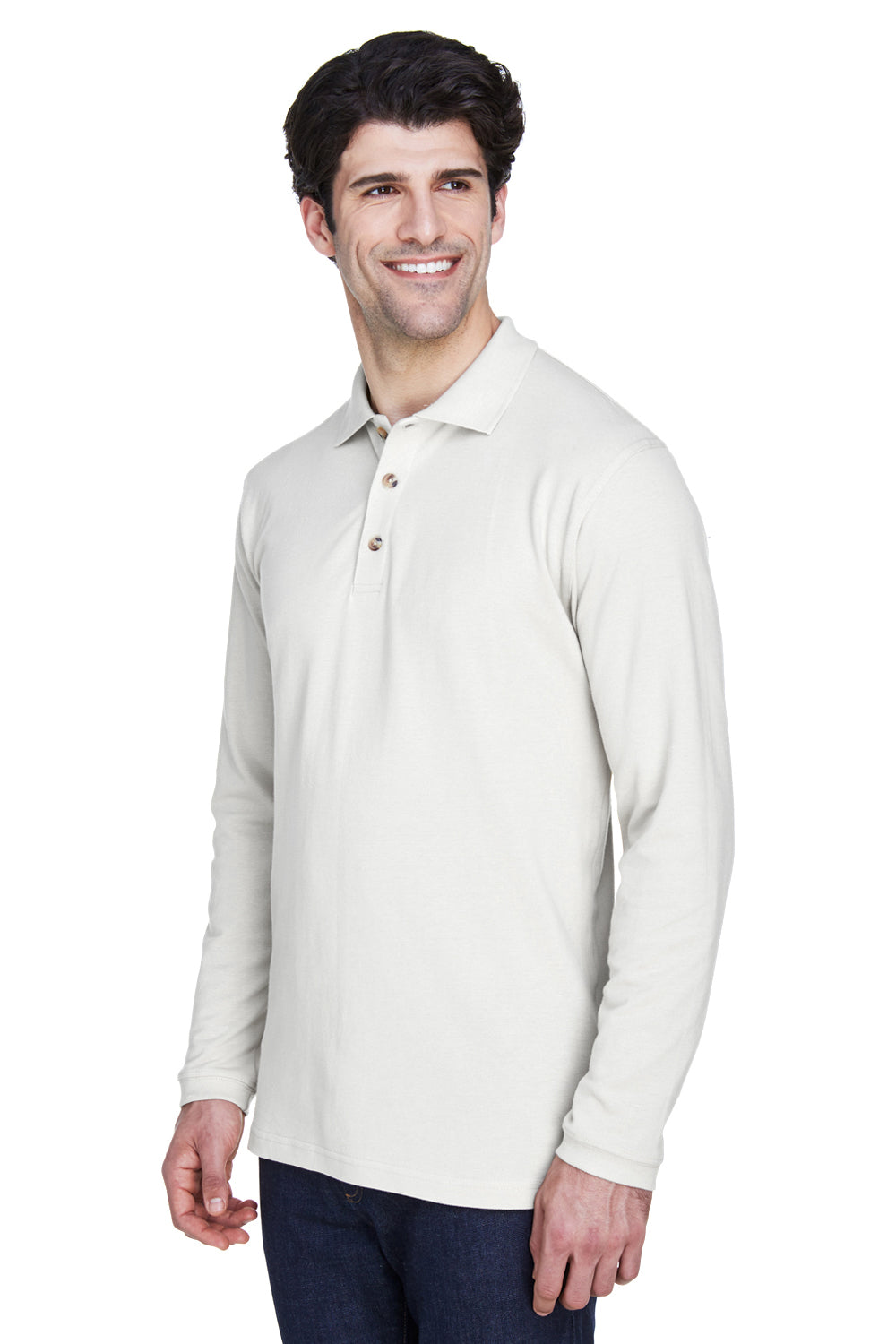 UltraClub 8532 Mens Classic Long Sleeve Polo Shirt White Model 3q