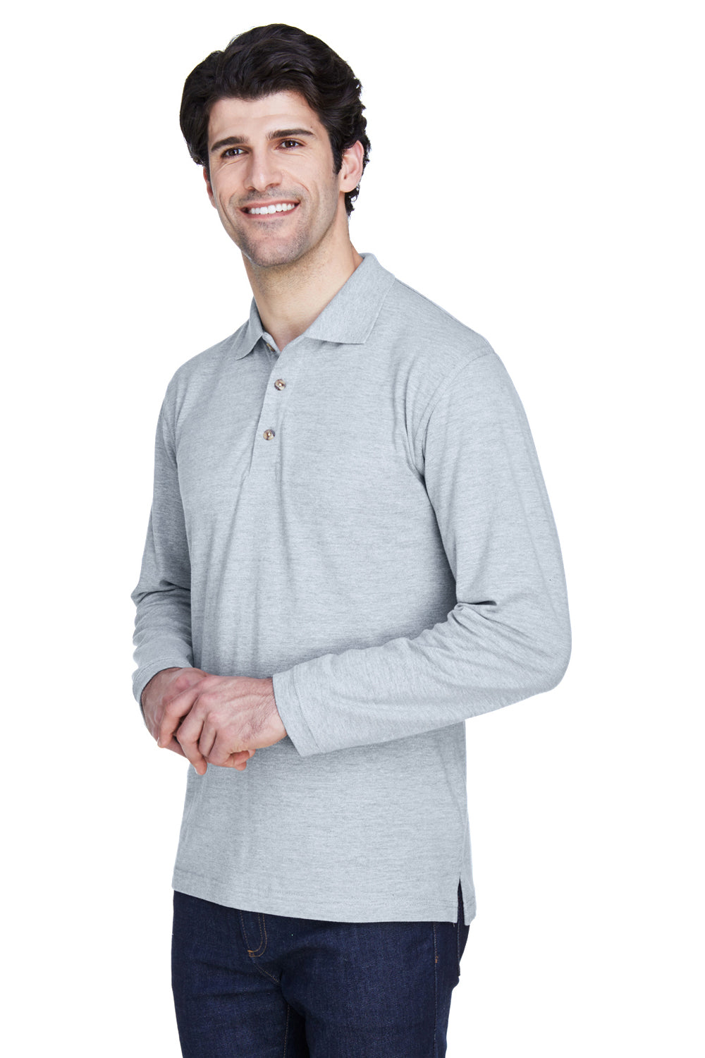 UltraClub 8532 Mens Classic Long Sleeve Polo Shirt Heather Grey Model 3q