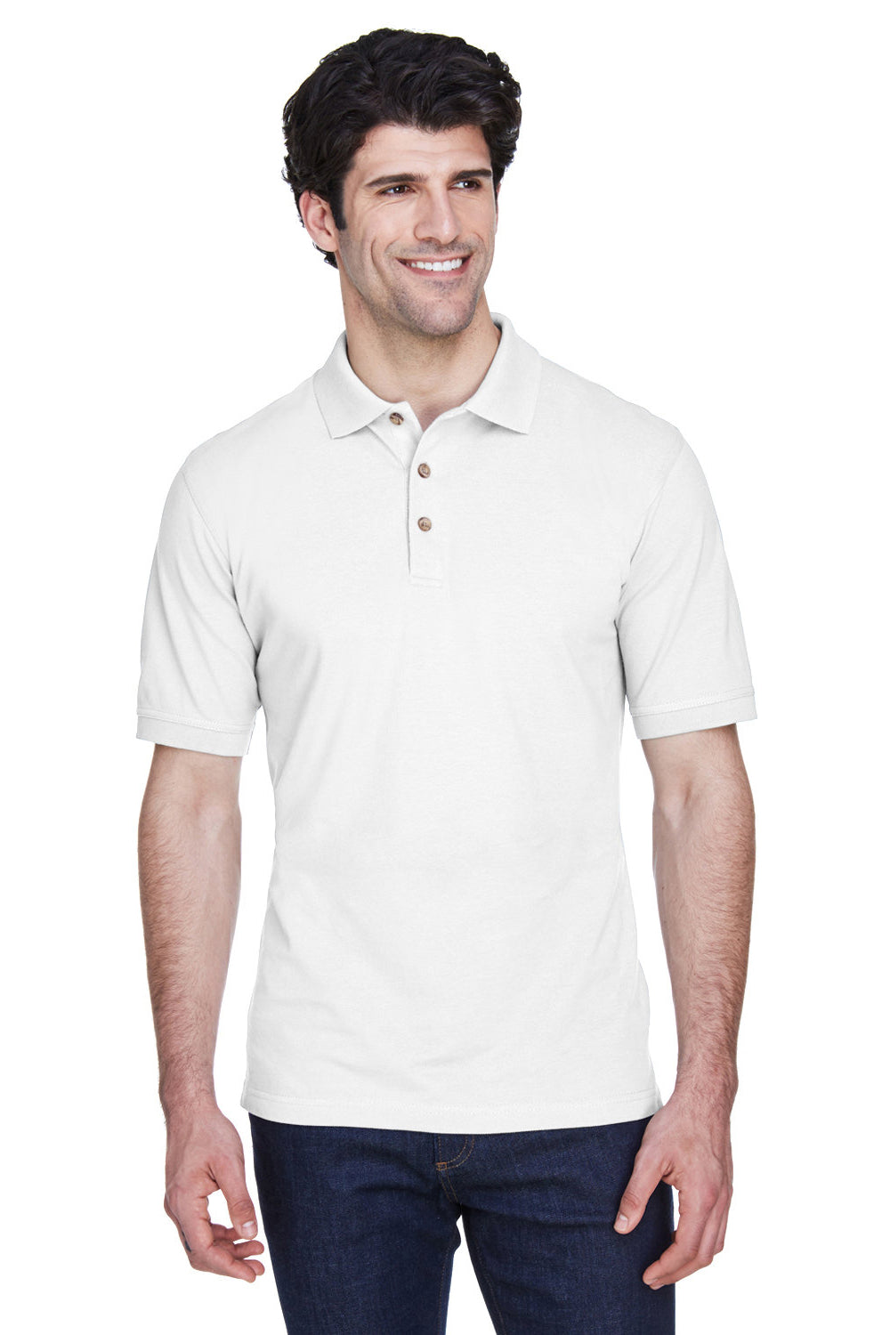 UltraClub 8535/8535T Mens Classic Short Sleeve Polo Shirt White Model Front