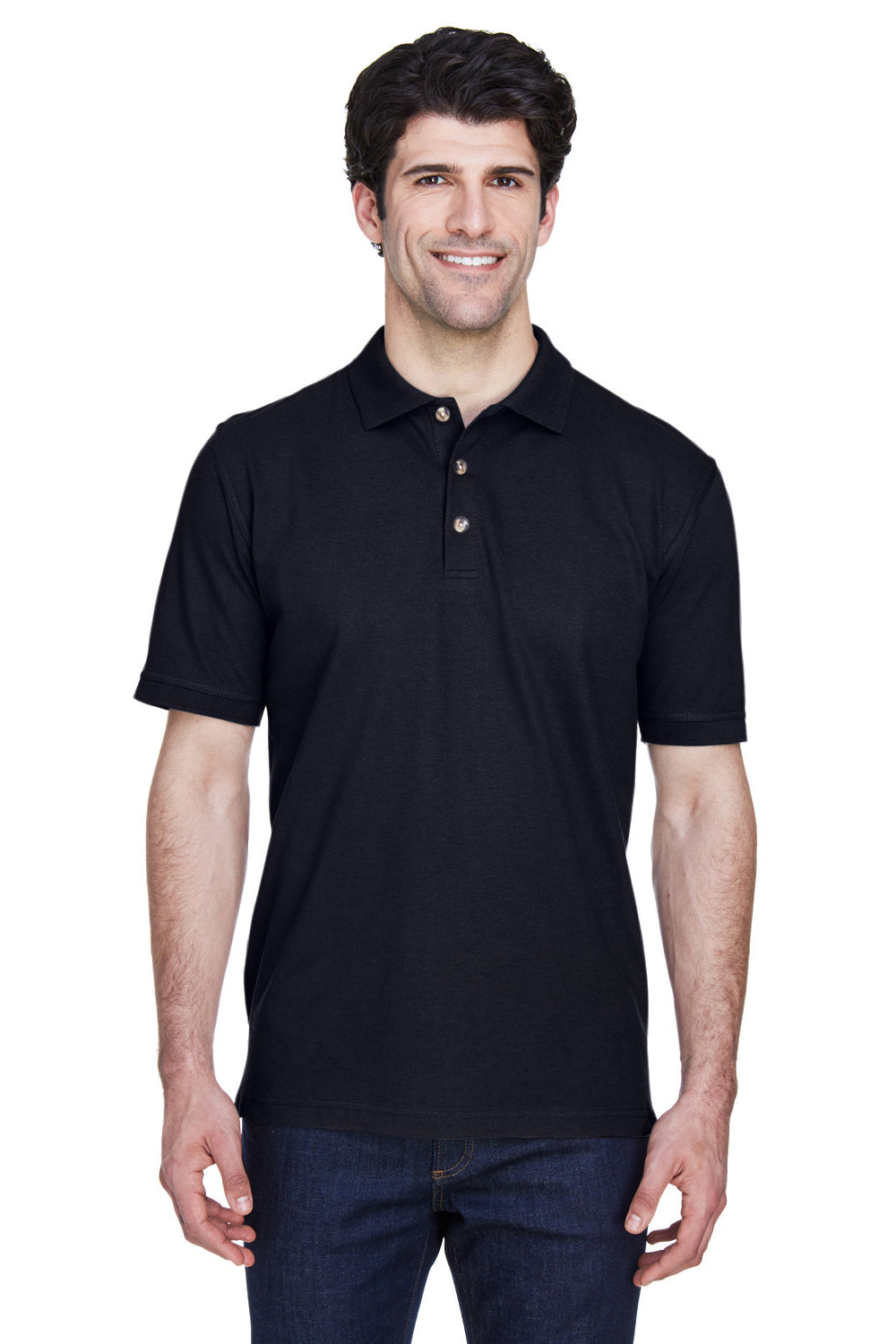 UltraClub 8535/8535T Mens Classic Short Sleeve Polo Shirt Black Model Front