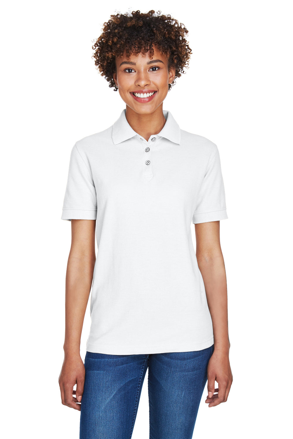 UltraClub 8541 Womens Whisper Short Sleeve Polo Shirt White Model Front