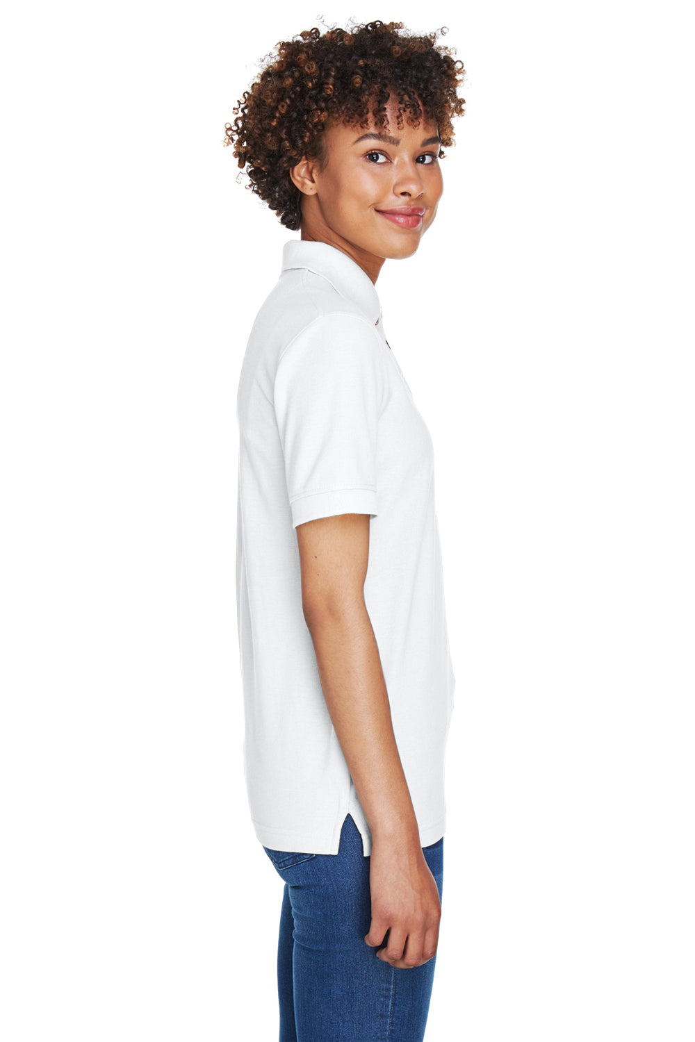 UltraClub 8541 Womens Whisper Short Sleeve Polo Shirt White Model Side