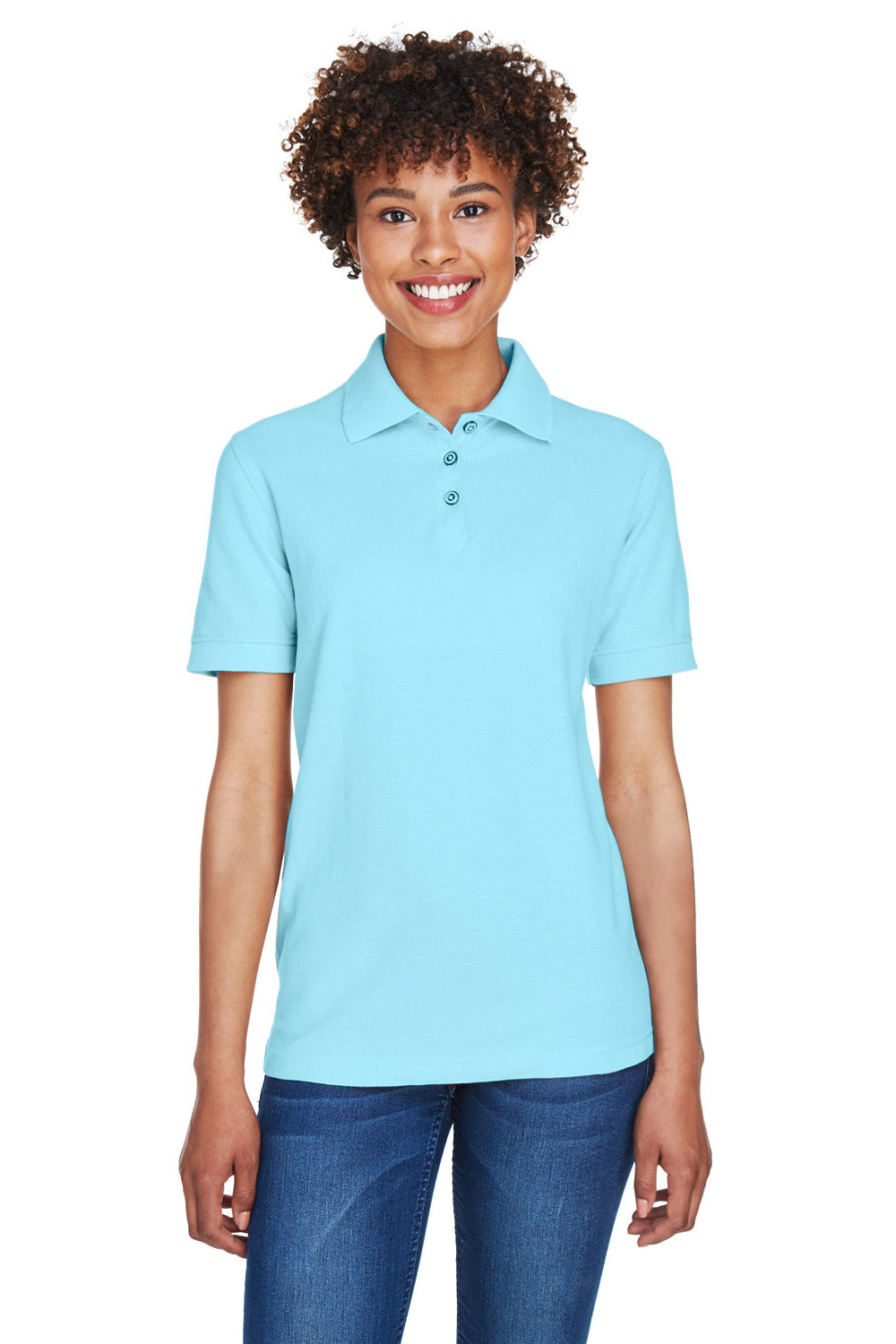 UltraClub 8541 Womens Whisper Short Sleeve Polo Shirt Baby Blue Model Front