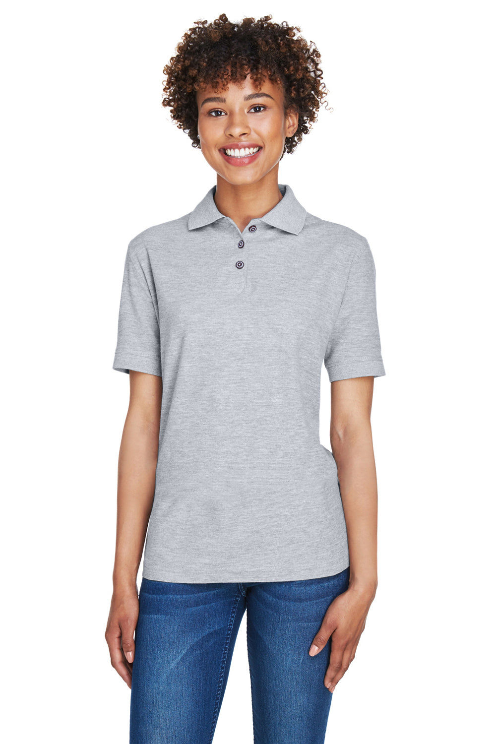 UltraClub 8541 Womens Whisper Short Sleeve Polo Shirt Heather Grey Model Front