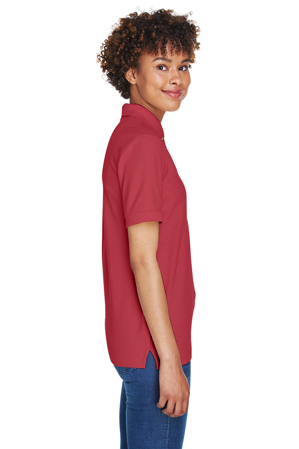 UltraClub 8541 Womens Whisper Short Sleeve Polo Shirt Cardinal Red Model Side