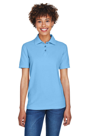 UltraClub 8541 Womens Whisper Short Sleeve Polo Shirt Cornflower Blue Model Front