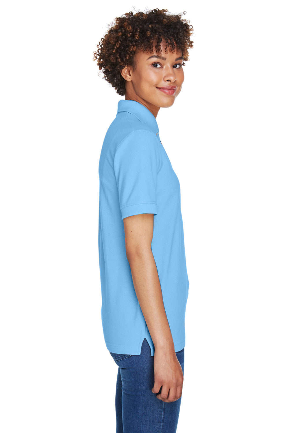 UltraClub 8541 Womens Whisper Short Sleeve Polo Shirt Cornflower Blue Model Side