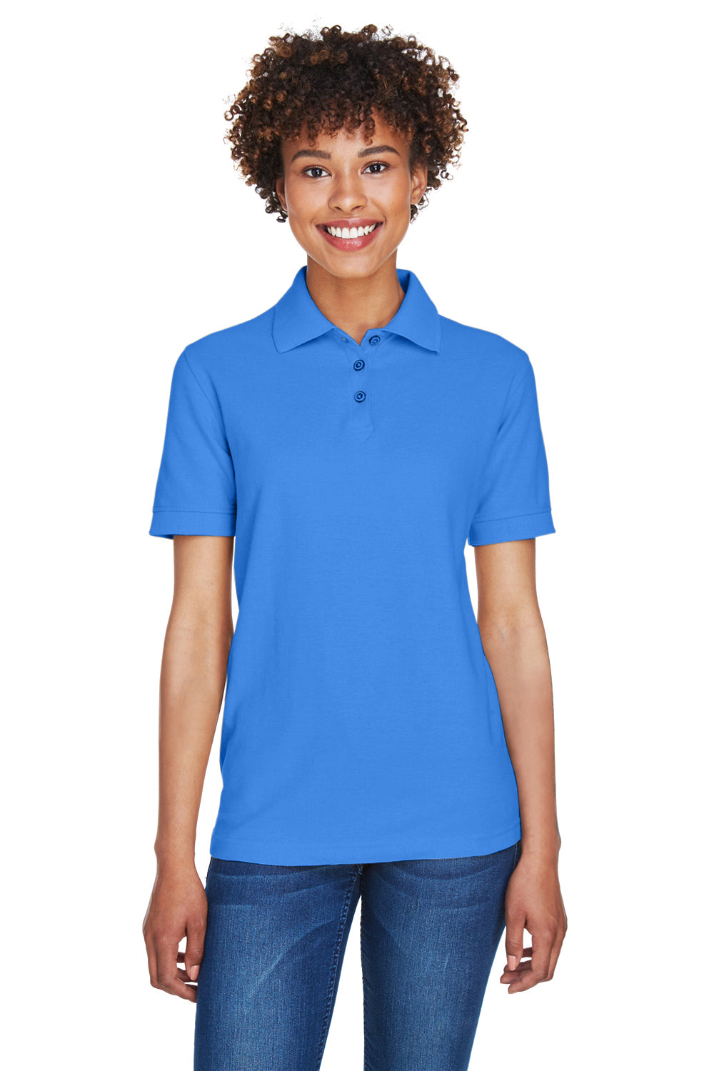 UltraClub 8541 Womens Whisper Short Sleeve Polo Shirt French Blue Model Front